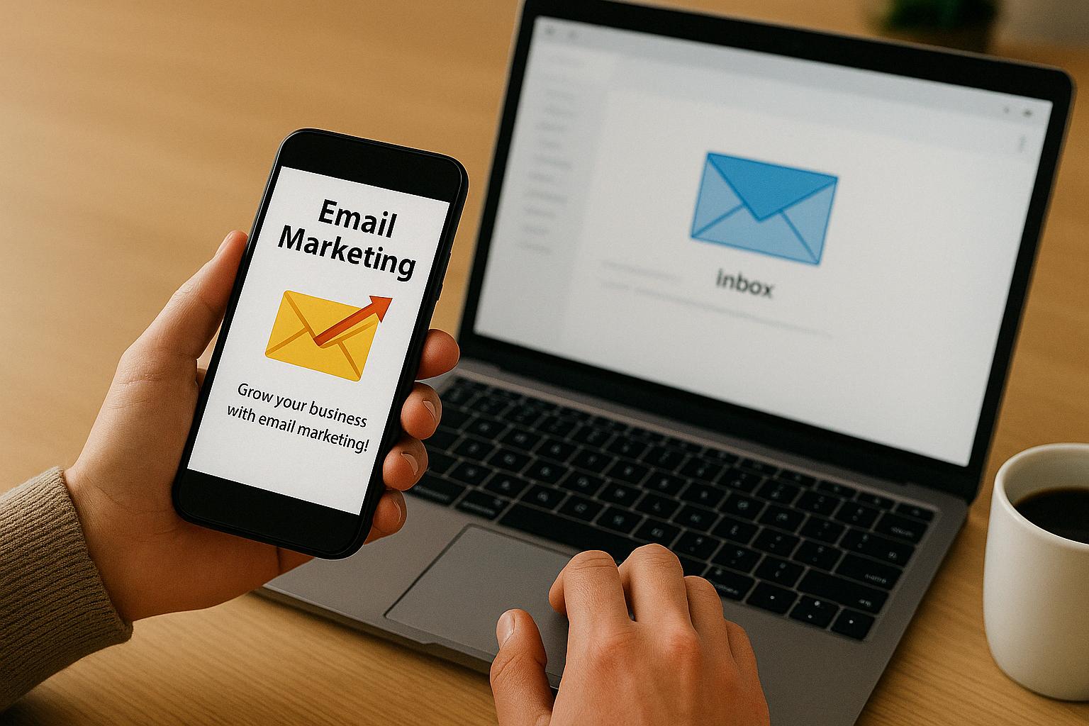 člověk ovládající notebook a telefon zároveň, při správě online marketingu (e-mailing)